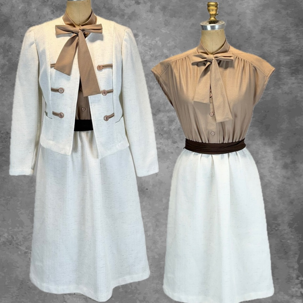 VINTAGE Berg Ray Frocks‎ 2 piece suit dress blazer jacket bow tie blouse 70s 80s